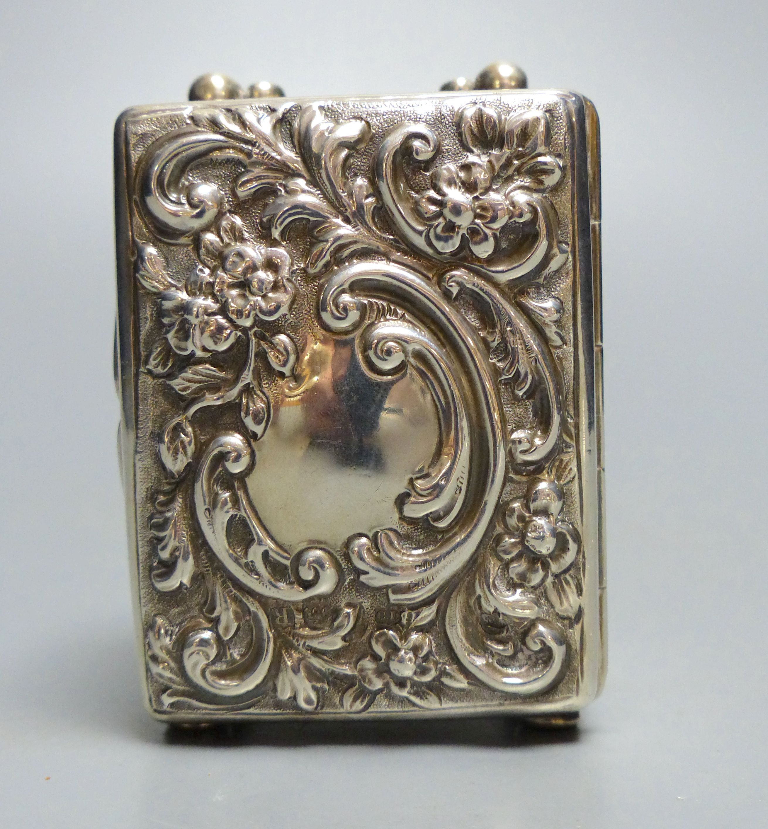 A late Victorian silver cased carriage timepiece, Charles Henry Dumenil, London, 1892, 7cm.